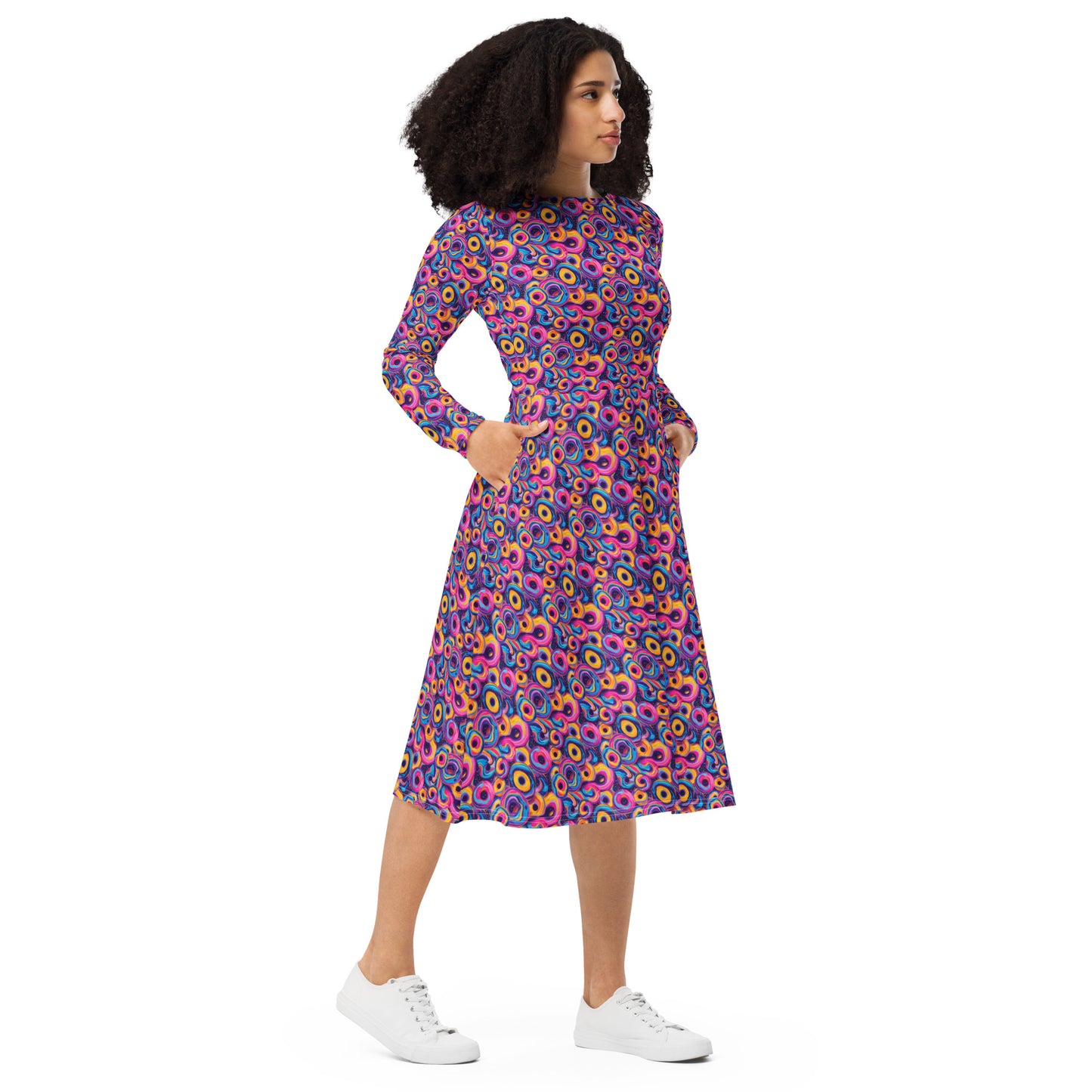 Phishman All-over print long sleeve midi dress